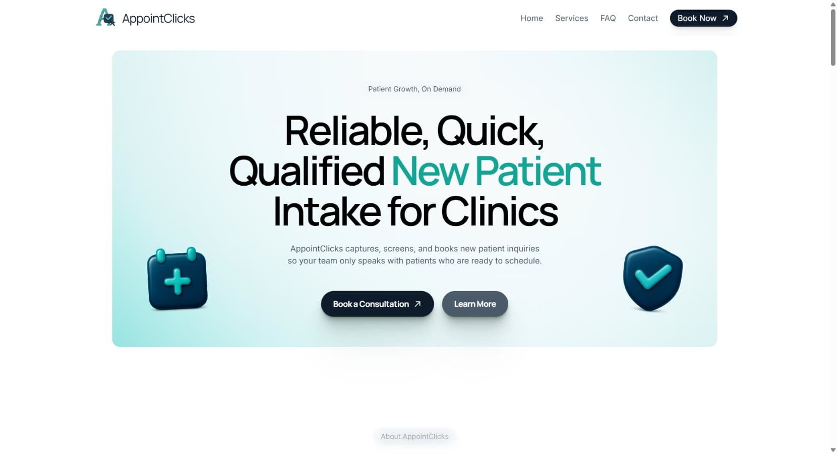 AppointClicks homepage, booked-patient lead generation for clinics