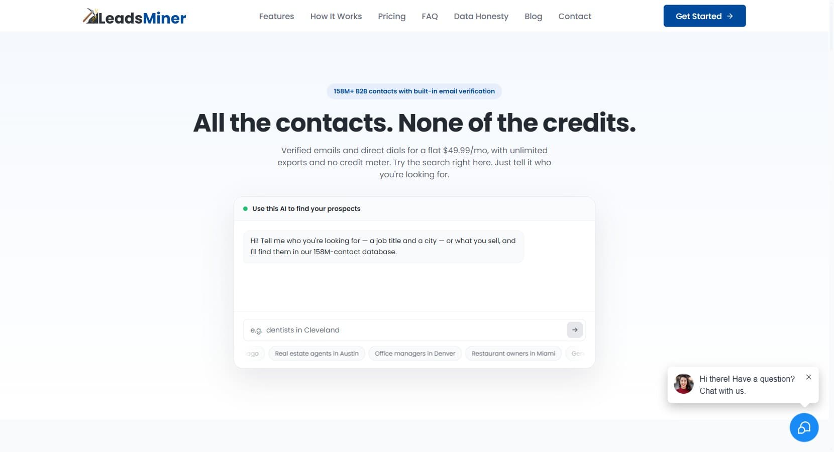 LeadsMiner homepage, a B2B contact database with an AI prospect finder