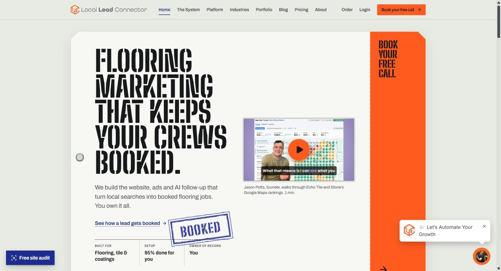 Local Lead Connector homepage, flooring marketing built on a white-label GoHighLevel platform